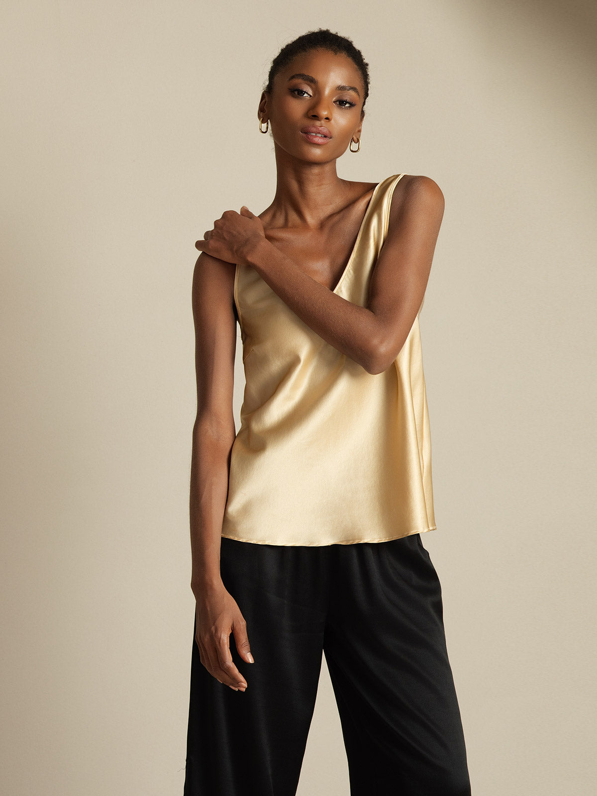 [Champagner] SilkSilky-DE 19Momme Seide V Ausschnitt Cami Top 007