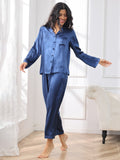 SilkSilky-DE Reine Seide Langärmelig Revers Damen Pyjamas Dunkelblau 004