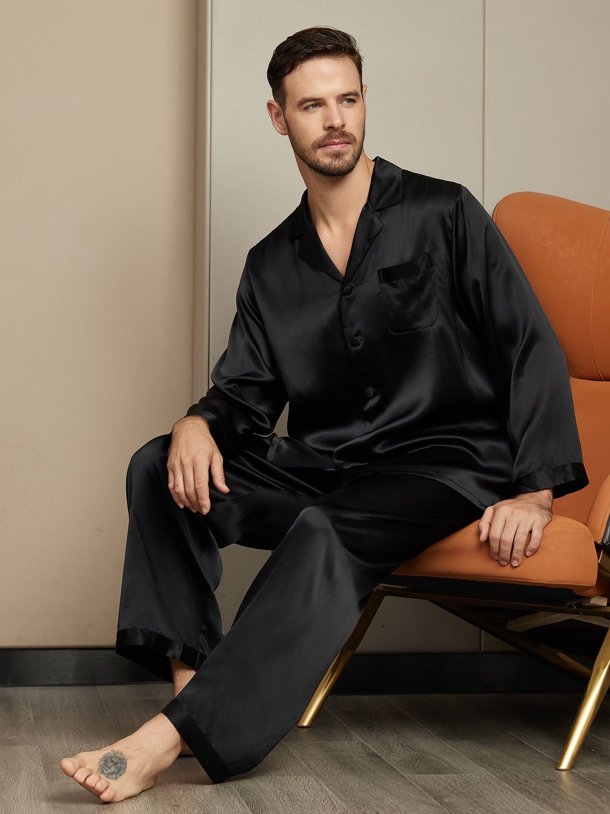 [Schwarz] SilkSilky-DE Reine Seide Mens Pajamas 003