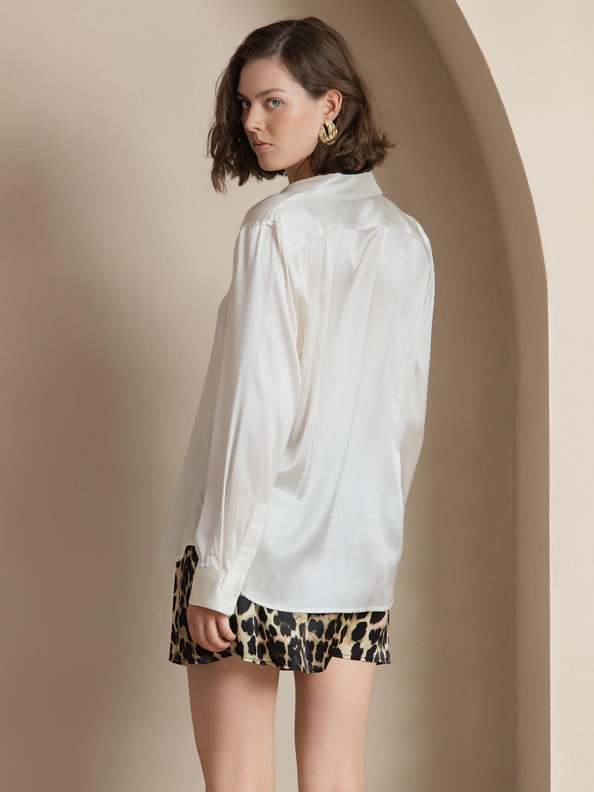 [Weiß] SilkSilky-DE Seide Langärmelig Umlegekragen Damenhemd 002