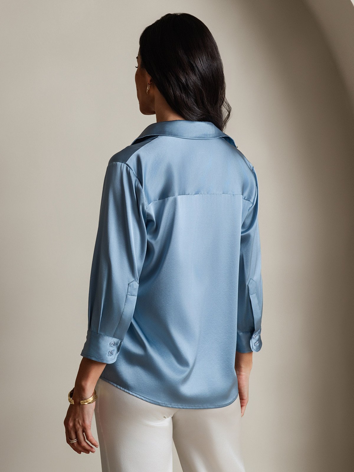 [Graublau] SilkSilky-DE 19Momme 3/4-lange Ärmel Lapelkragen Damenhemd 002