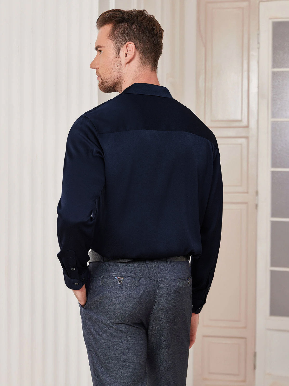 [Dunkelblau] SilkSilky-DE Seide Umlegekragen Herrenhemd 004