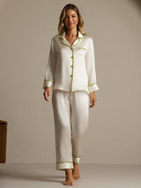 [Weiß] SilkSilky-DE Langärmelig Notch-Kragen Damen Pyjamas 008