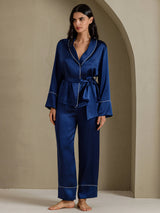 [Dunkelblau] SilkSilky-DE Long Sleeve Shawl Collar Damen Pyjamas 005