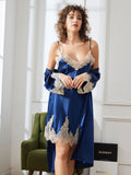 SilkSilky DE Reine Seide 3/4 lange Ärmel Nightgown&Robe Set Dunkelblau 005