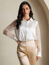 [Weiß] SilkSilky-DE Long Sleeve Lapel Collar Damenhemd 003