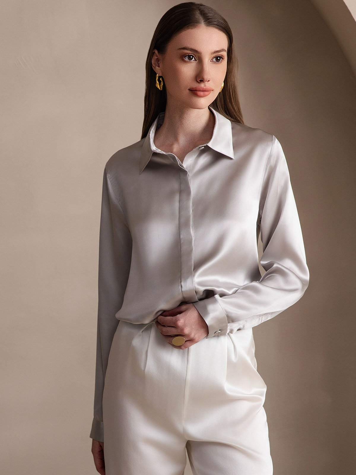 [Hellgrau] SilkSilky-DE 19Momme Seide Lapel Collar Damenhemd 001