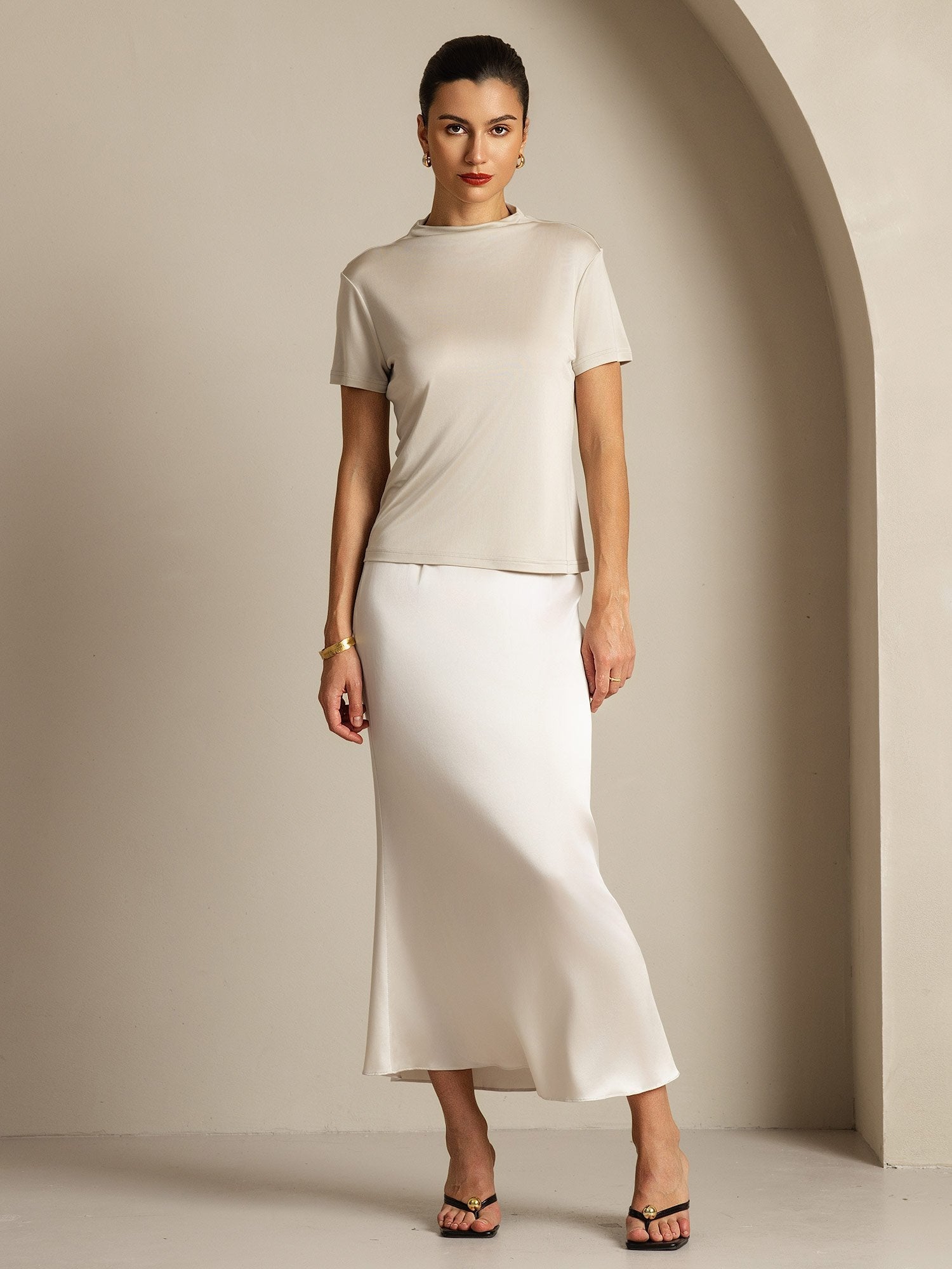 [Grau] SilkSilky-DE Reine Seide Umlegekragen T-Shirt 008
