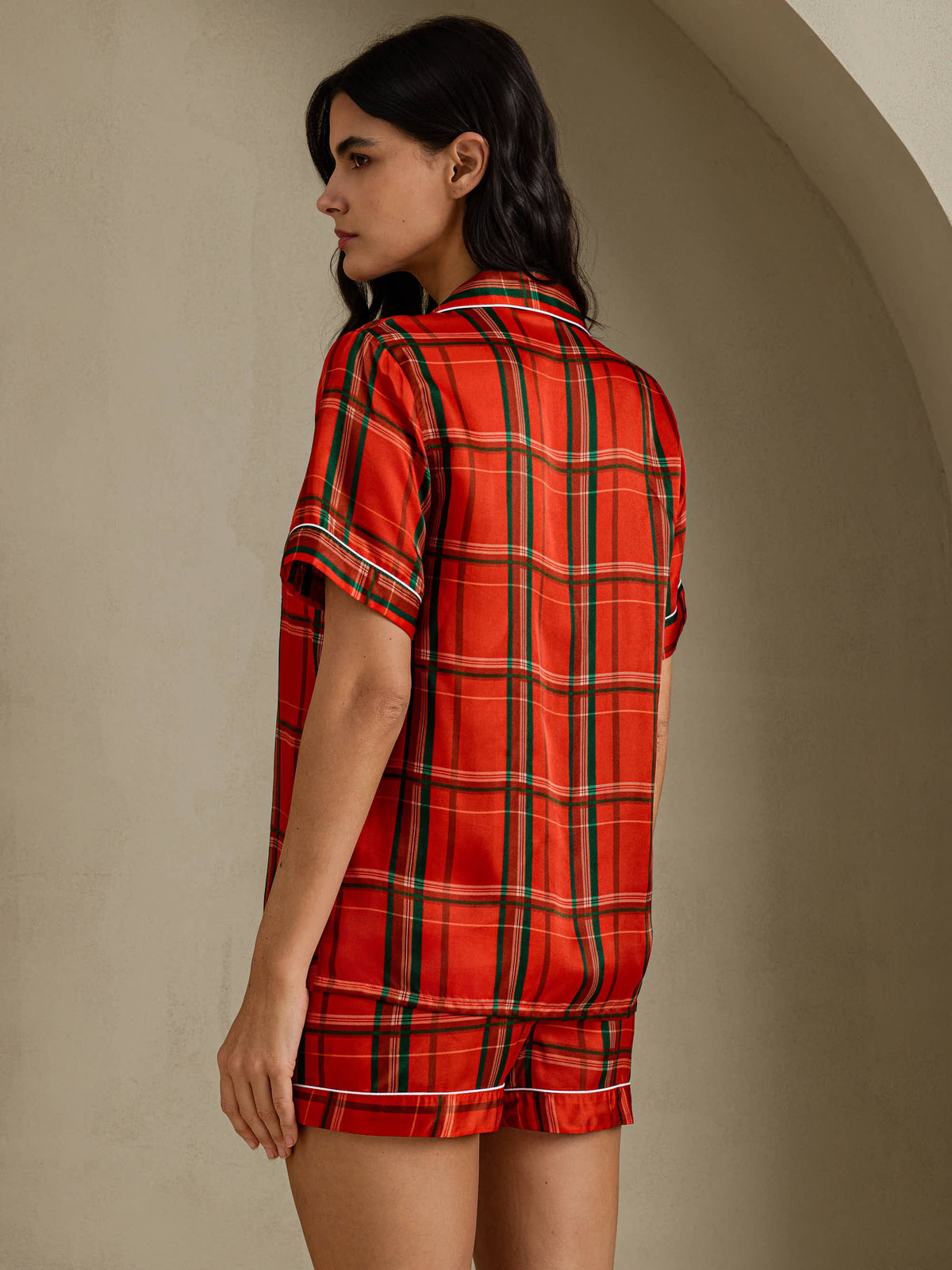 [Rotes Karomuster] SilkSilky-DE Short Sleeve Notch Collar Damen Pyjamas 002