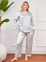 [Hellblau] SilkSilky-DE Langärmelig Damen Pyjamas Große Größen 003