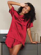 [Rotwein] SilkSilky-DE Short Sleeve Round Neck Damen Pyjamas 001