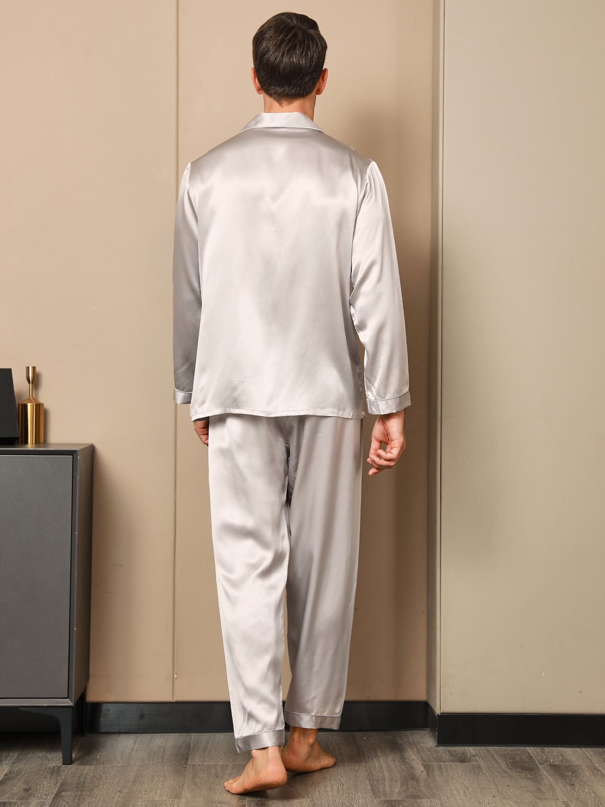 [Grau] SilkSilky-DE 19Momme Reine Seide Mens Pajamas 002