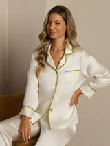 [Weiß] SilkSilky-DE Langärmelig Notch-Kragen Damen Pyjamas 001