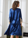 SilkSilky DE Reine Seide 3/4 lange Ärmel Nightgown&Robe Set Dunkelblau 002