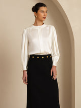 [Weiß] SilkSilky-DE 19Momme Long Sleeve Round Neck Bluse 006