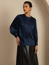 [Dunkelblau] SilkSilky-DE 19Momme Long Sleeve Round Neck Bluse 005