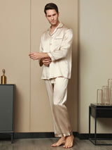 [Tan] SilkSilky-DE Reine Seide Langärmelig Revers Herren Pyjamas 002