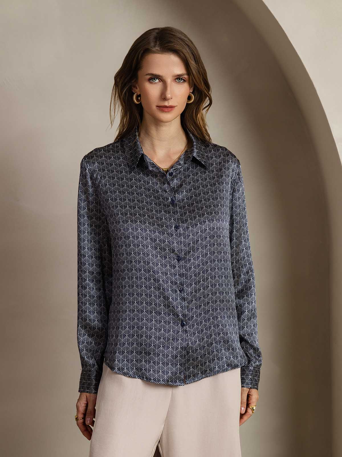 [Marine Ginkgo] SilkSilky-DE Seide Langärmelig Umlegekragen Damenhemd 001