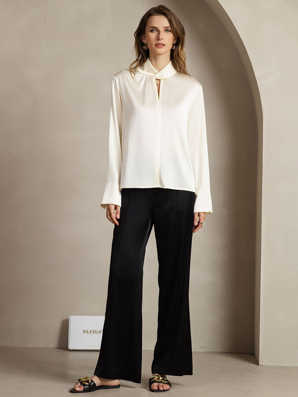 [Elfenbeinfarbe] SilkSilky-DE 19Momme Seide Womens Shirt 010