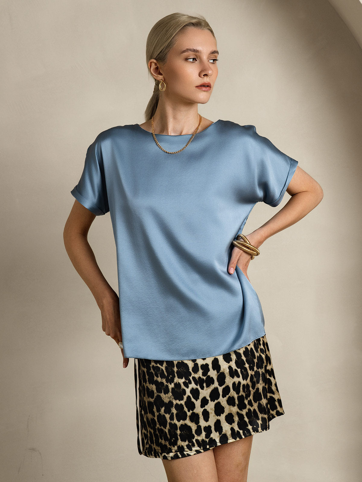 [Graublau] SilkSilky-DE 19Momme Seide Womens T-Shirt 004