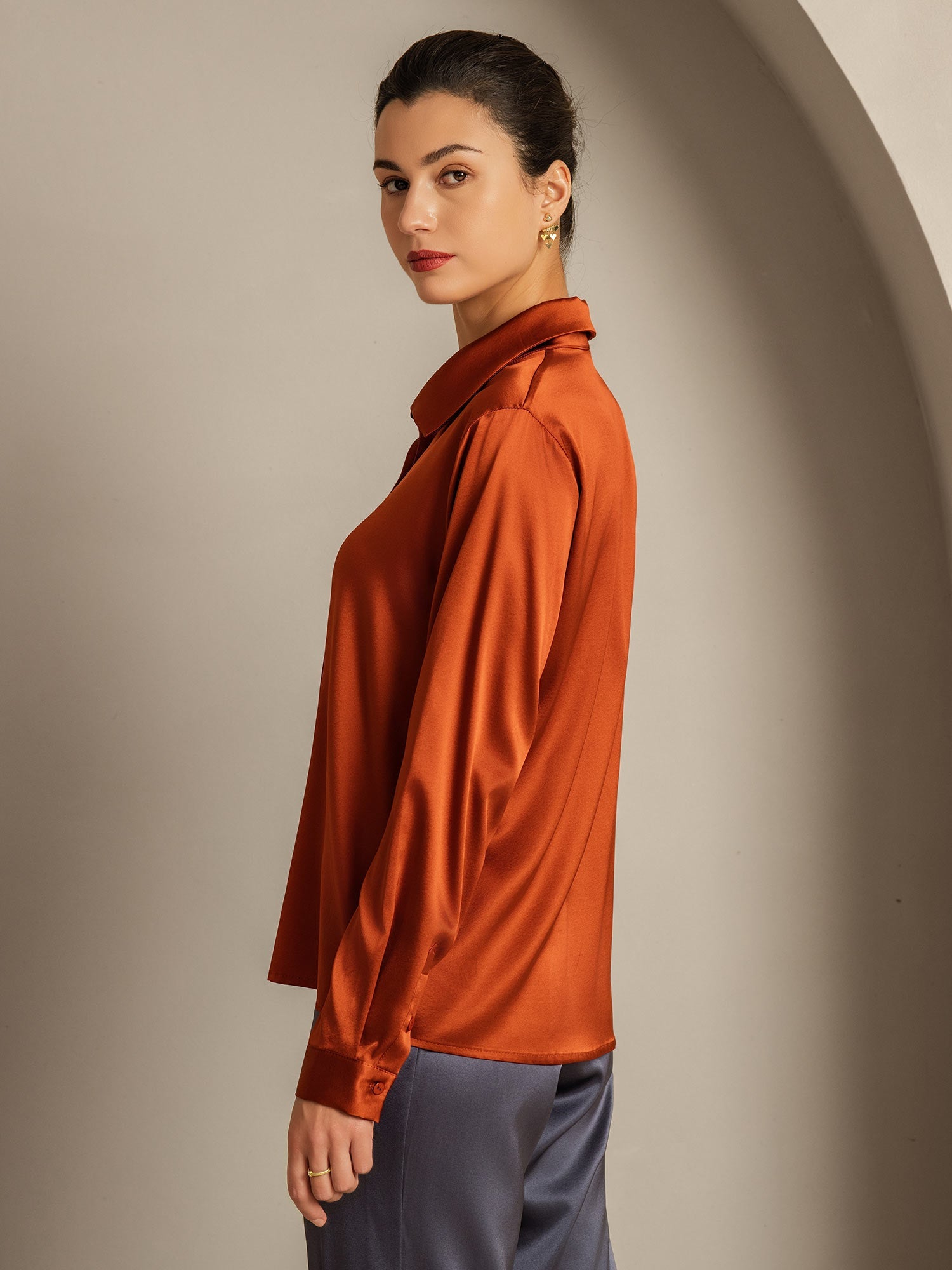 [Karamell] SilkSilky-DE 19Momme Seide Langärmelig Umlegekragen Damenhemd 002