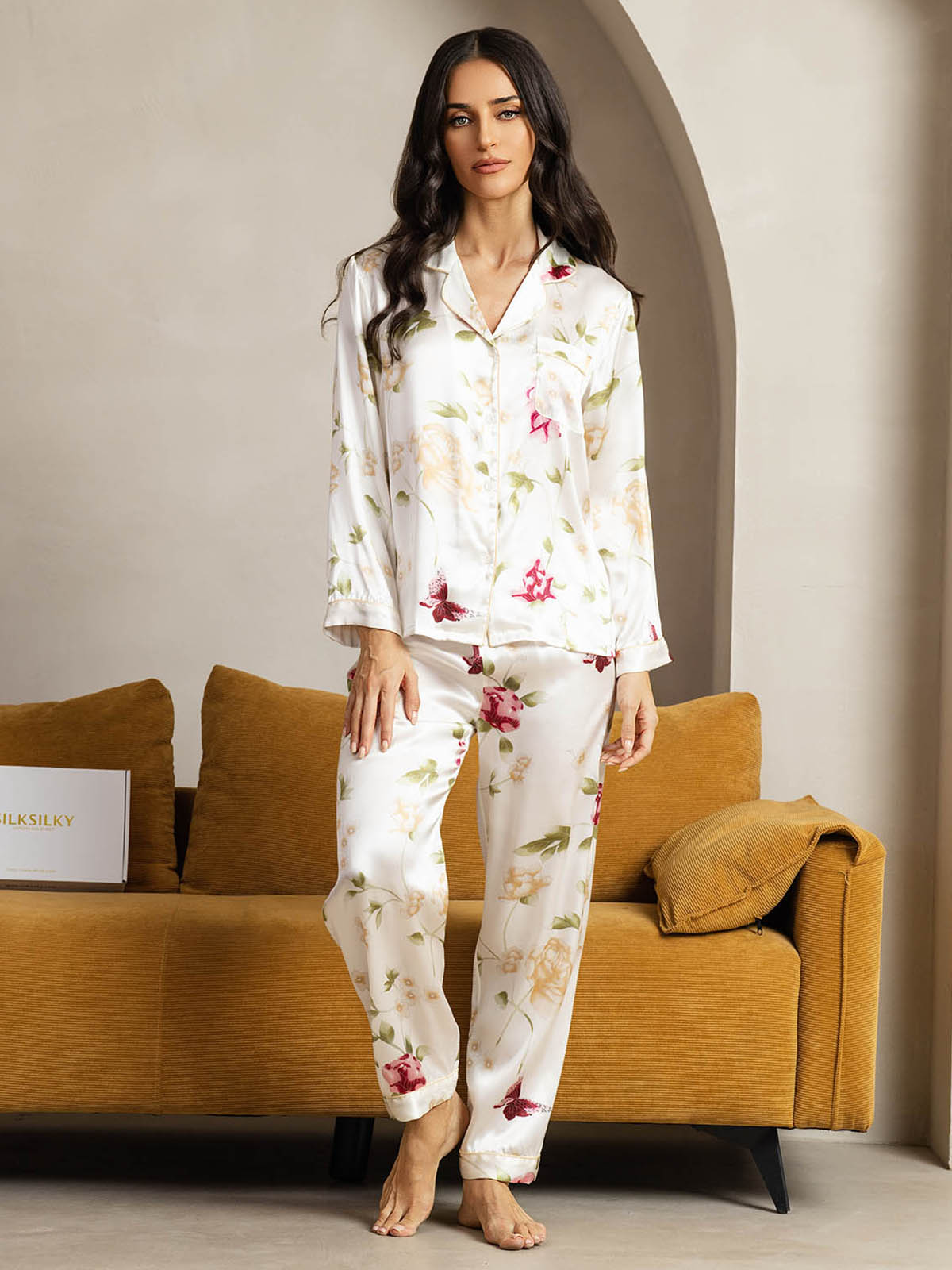 [Elfenbeinblumen] SilkSilky-DE Reine Seide Womens Pajamas 001
