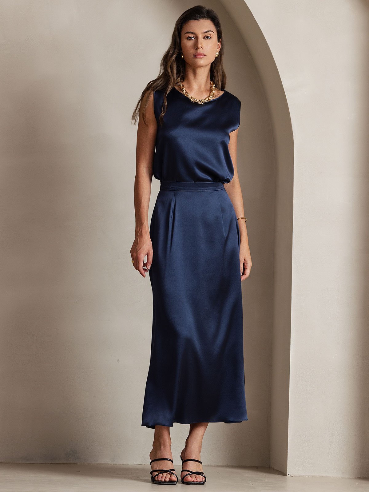 [Dunkelblau] SilkSilky-DE 19Momme Seide Skirt 006