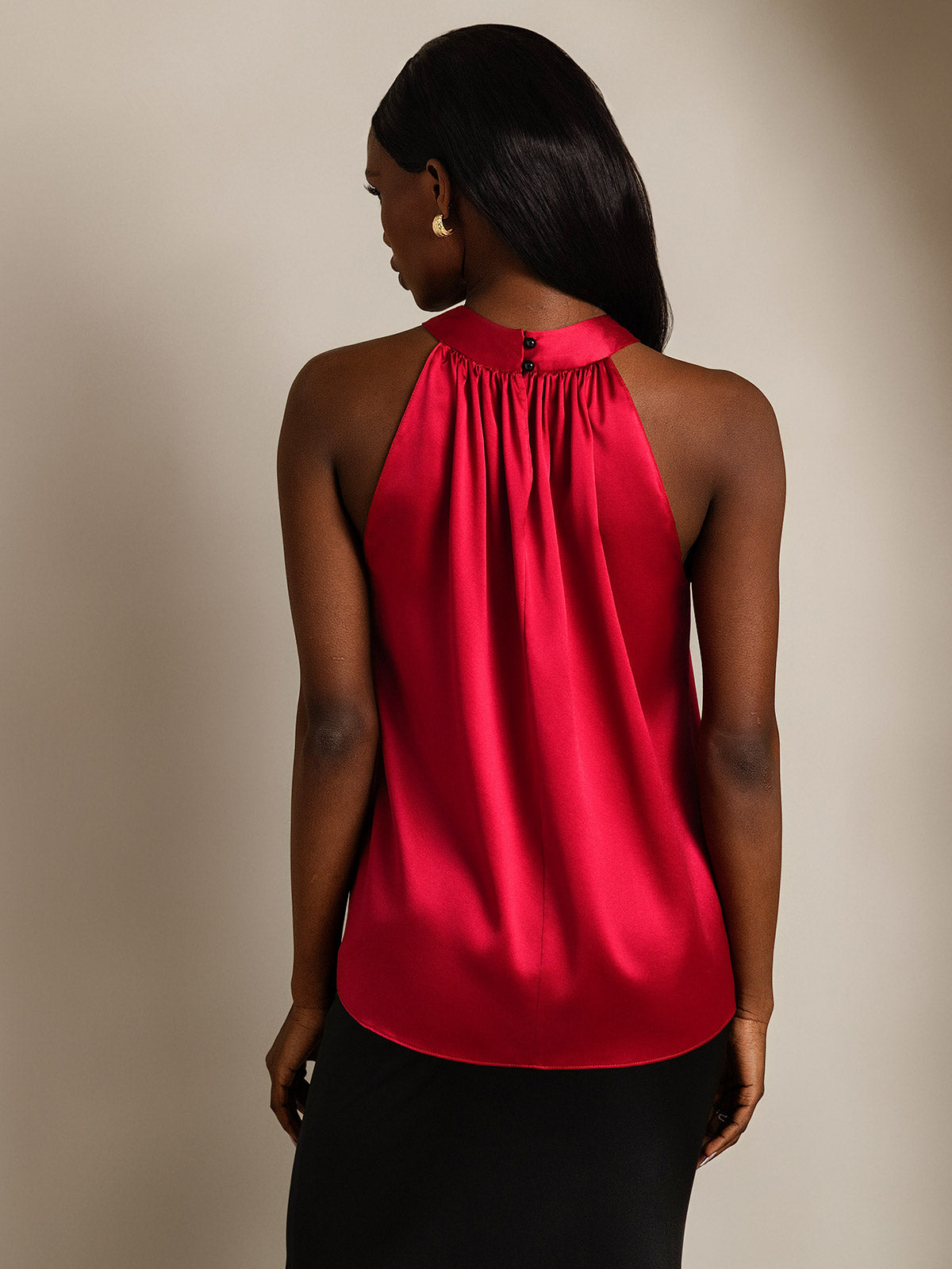 [Rotwein] SilkSilky-DE 19Momme Ärmellos Neckholder T-Shirt 002