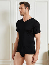 [Schwarz] SilkSilky-DE Kurzärmelig V Ausschnitt Herren T-Shirt 003