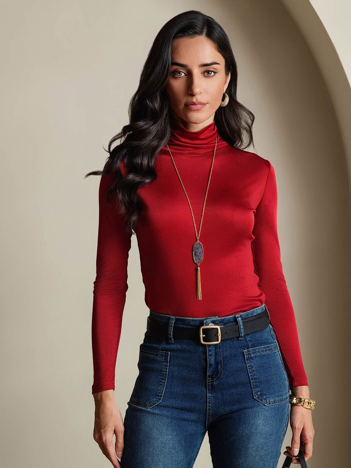 [Rotwein] SilkSilky-DE Langärmelig Rollkragen T-Shirt 001