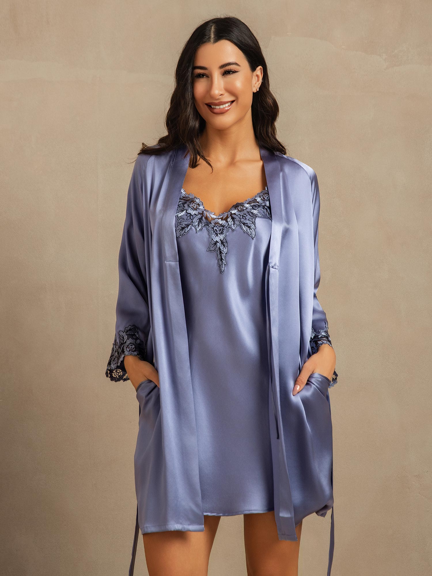 [Stahlblau] SilkSilky-DE 3/4-lange Ärmel Nightgown&Robe Set 007