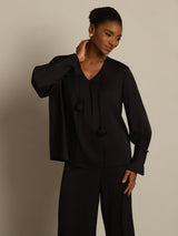 [Schwarz] SilkSilky-DE Long Sleeve V Neck Damenblusen 004
