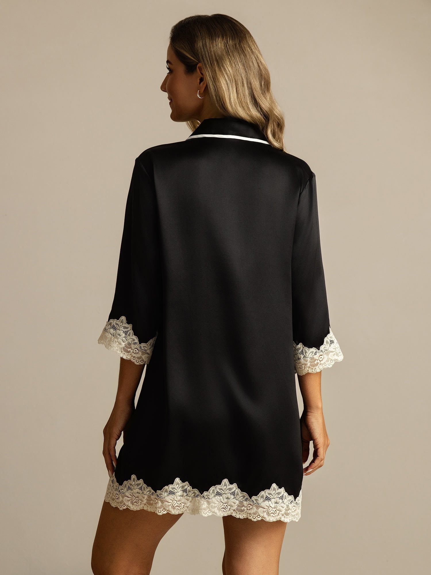 [Schwarz] SilkSilky-DE Reine Seide Umlegekragen Schlafhemd 002