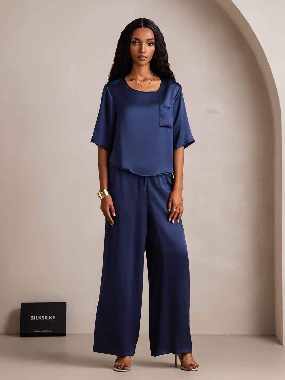 [Dunkelblau] SilkSilky-DE Reine Seide Womens Pajamas 005