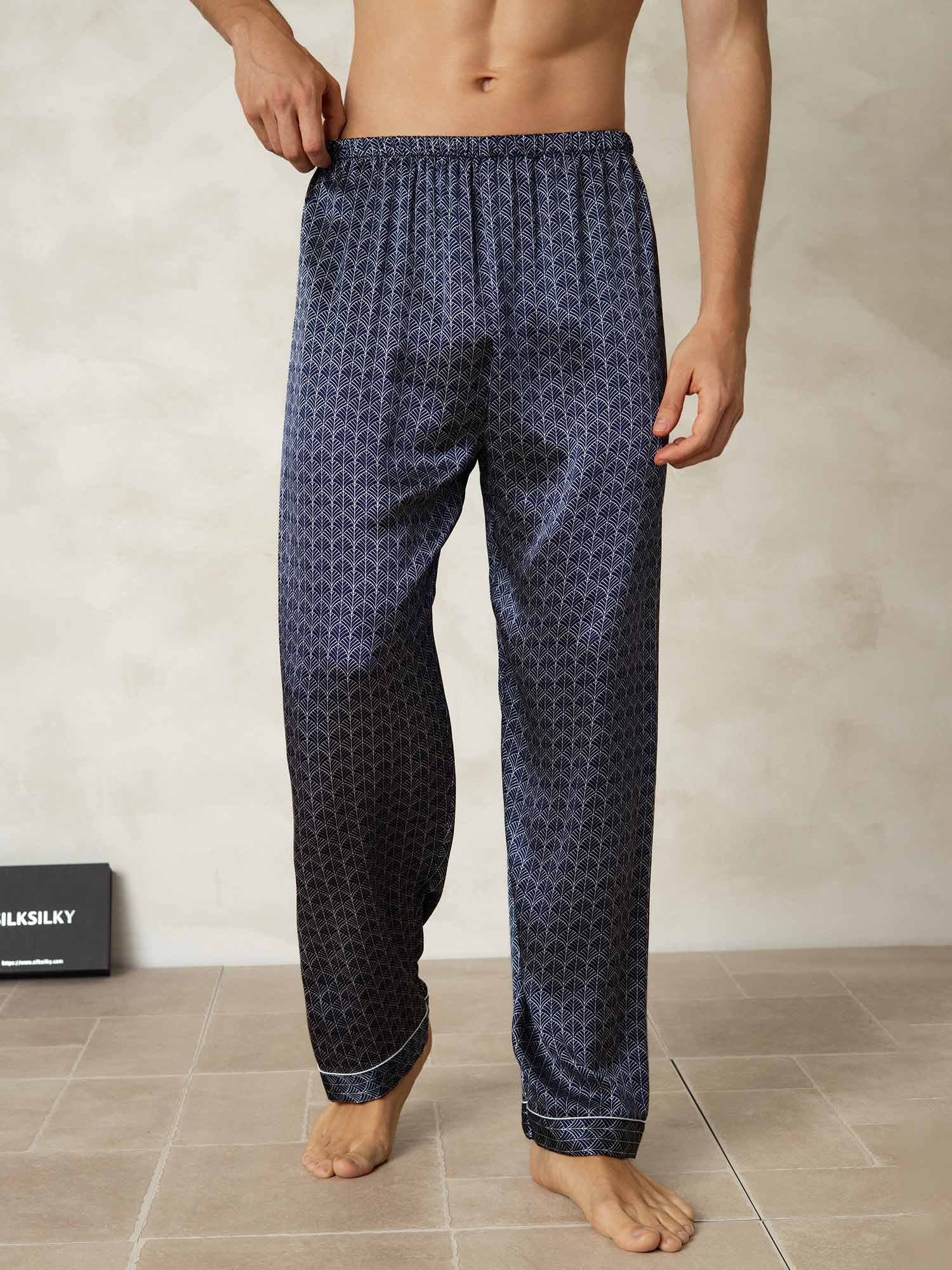 [Marine Ginkgo] SilkSilky-DE Reine Seide Mens Sleep Bottoms 001