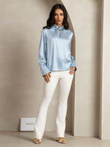 [Graublau] SilkSilky-DE Long Sleeve Keyhole Neck Damenblusen 011