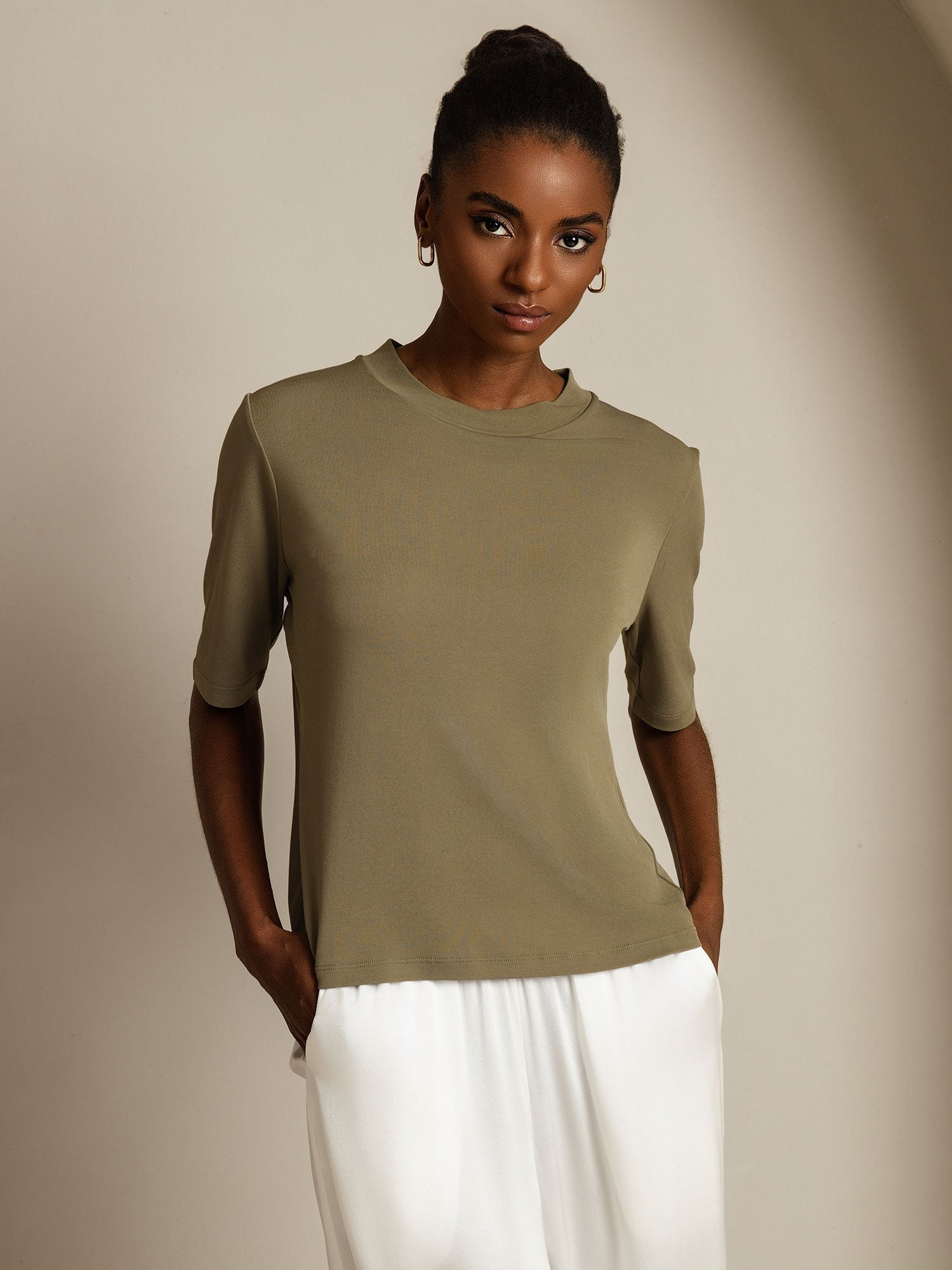 [Verbranntes Oliv] SilkSilky-DE Reine Seide Womens T-Shirt 003