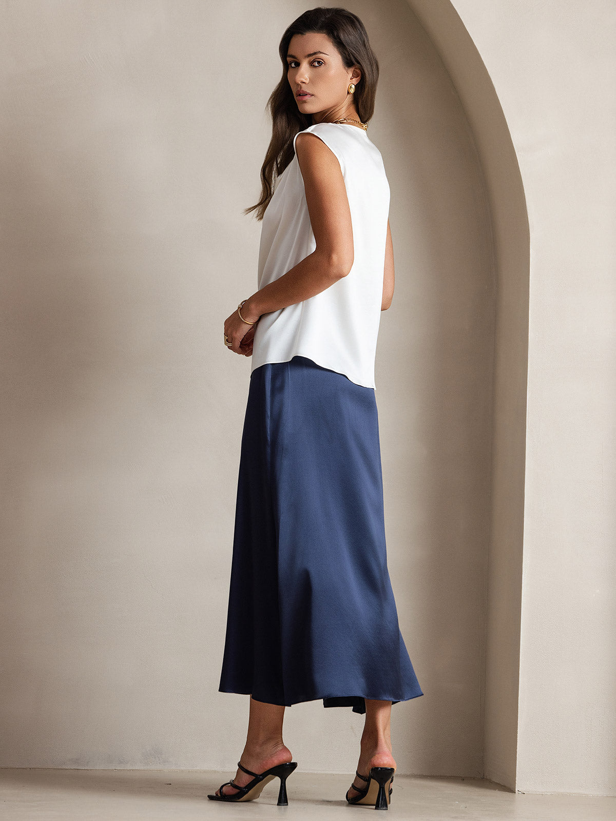[Weiß] SilkSilky-DE Cap Sleeve Cowl Neck T-Shirt 002