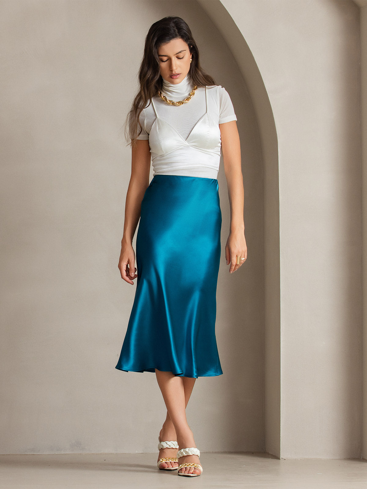 [König Blau] SilkSilky-DE 19Momme Reine Seide Skirt 006,
