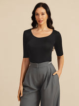 [Schwarz] SilkSilky-DE Half Sleeve Tiefer Rundhalsausschnitt T-Shirt 005