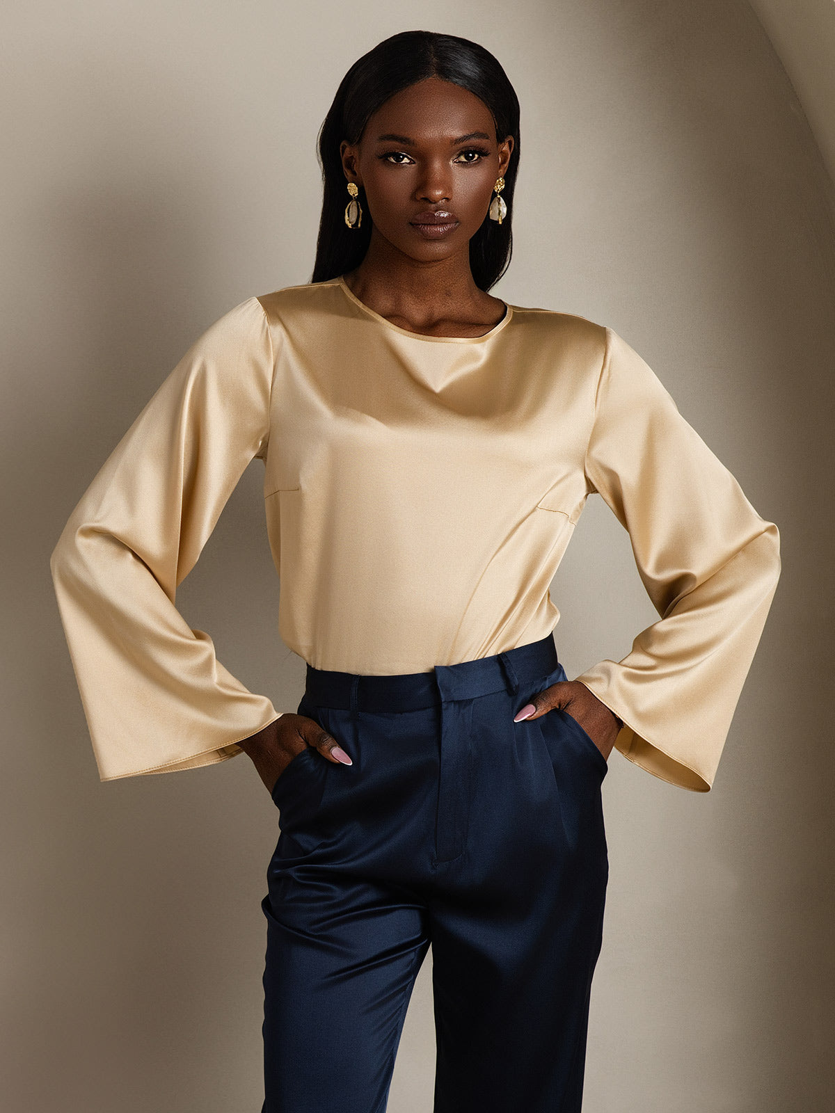 [Champagner] SilkSilky-DE 19Momme Seide Womens T-Shirt 002,