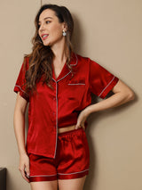 [Rotwein] SilkSilky-DE Kurzärmelig Notch-Kragen Damen Pyjamas 005