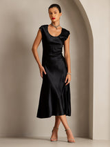 [Schwarz] SilkSilky-DE Cap Sleeve Tiefer Rundhalsausschnitt Kleider 005