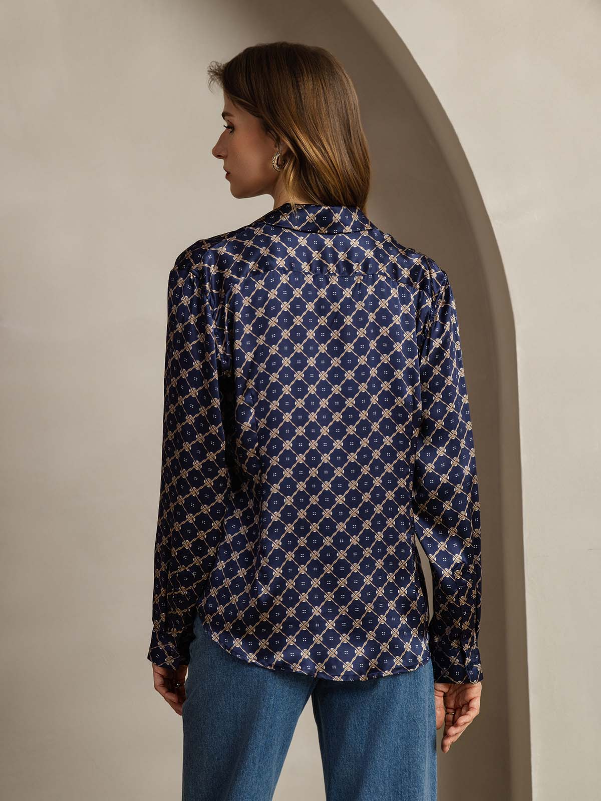 [Marine Kette] SilkSilky-DE Seide Langärmelig Umlegekragen Damenhemd 002