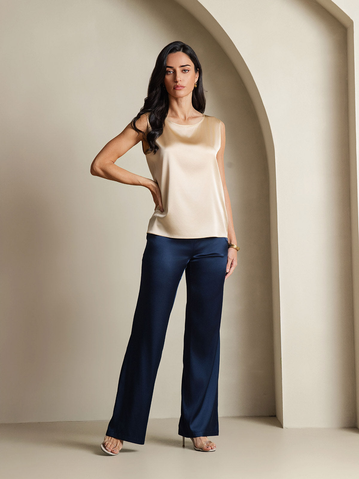 [Champagner] SilkSilky-DE 19Momme Ärmellos Rundhalsausschnitt Cami Top 008