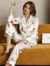 [Weiß Schmetterling] SilkSilky-DE Reine Seide Womens Pajamas 003,