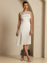 [Weiß] SilkSilky-DE Sleeveless Illusion Neck Kleider 005