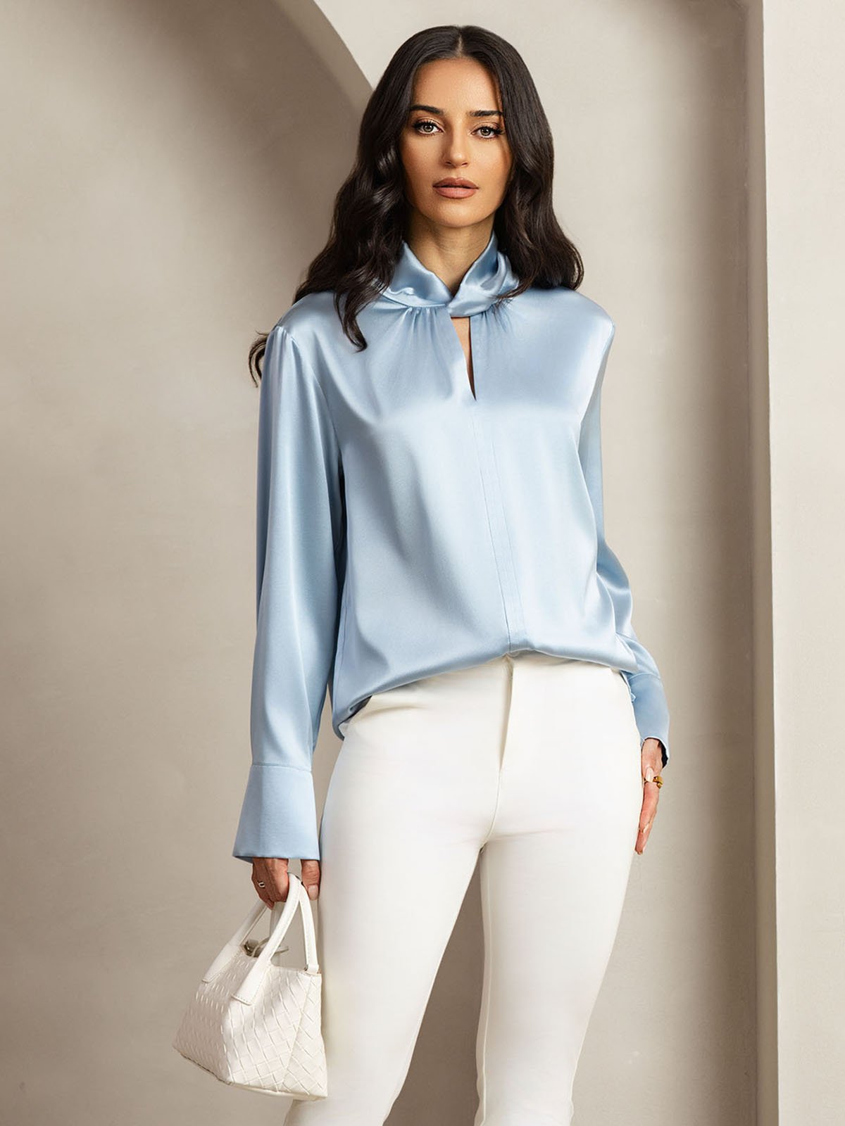 [Graublau] SilkSilky-DE Long Sleeve Keyhole Neck Damenblusen 001