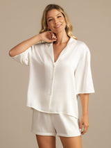 [Weiß] SilkSilky-DE 19Momme Halblange Ärmel Notch-Kragen Damen Pyjamas 005