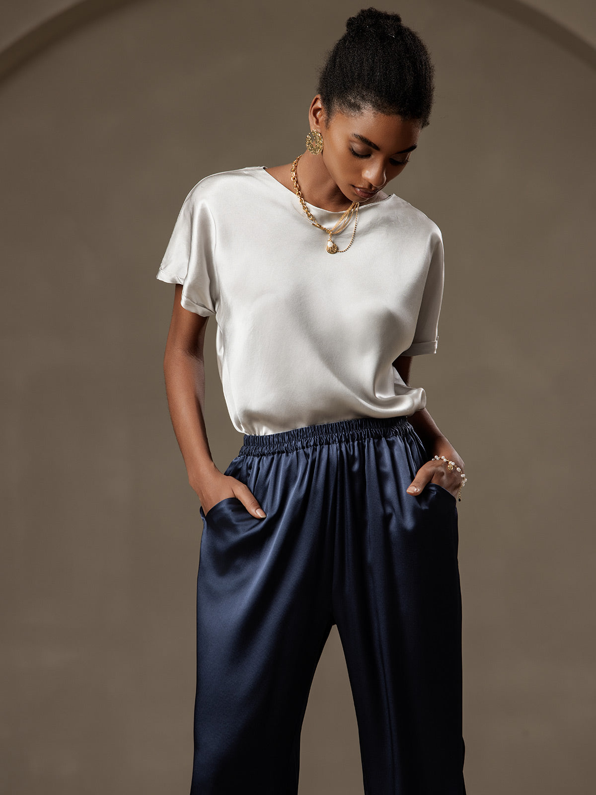 [Dunkelblau] SilkSilky-DE 19Momme Seide Womens Pants 006
